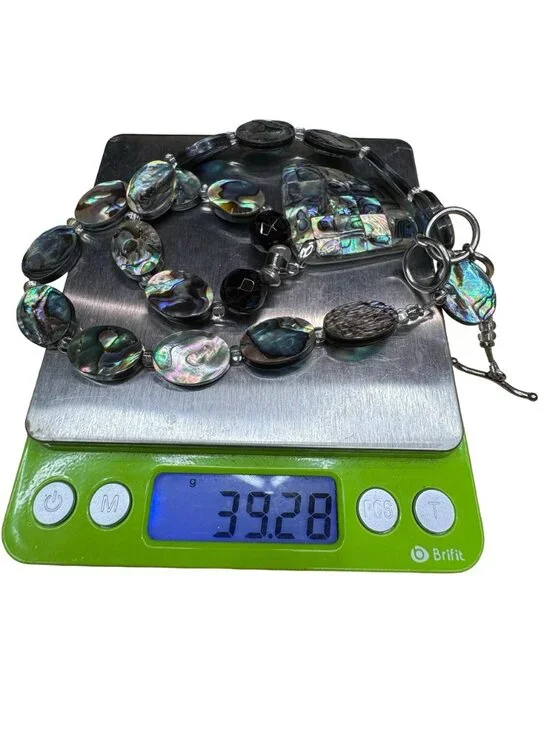 Vintage Mosaic Abalone Shell Bead Necklace Statement Pendant 18KGP Toggle Clasp - Picture 5 of 10